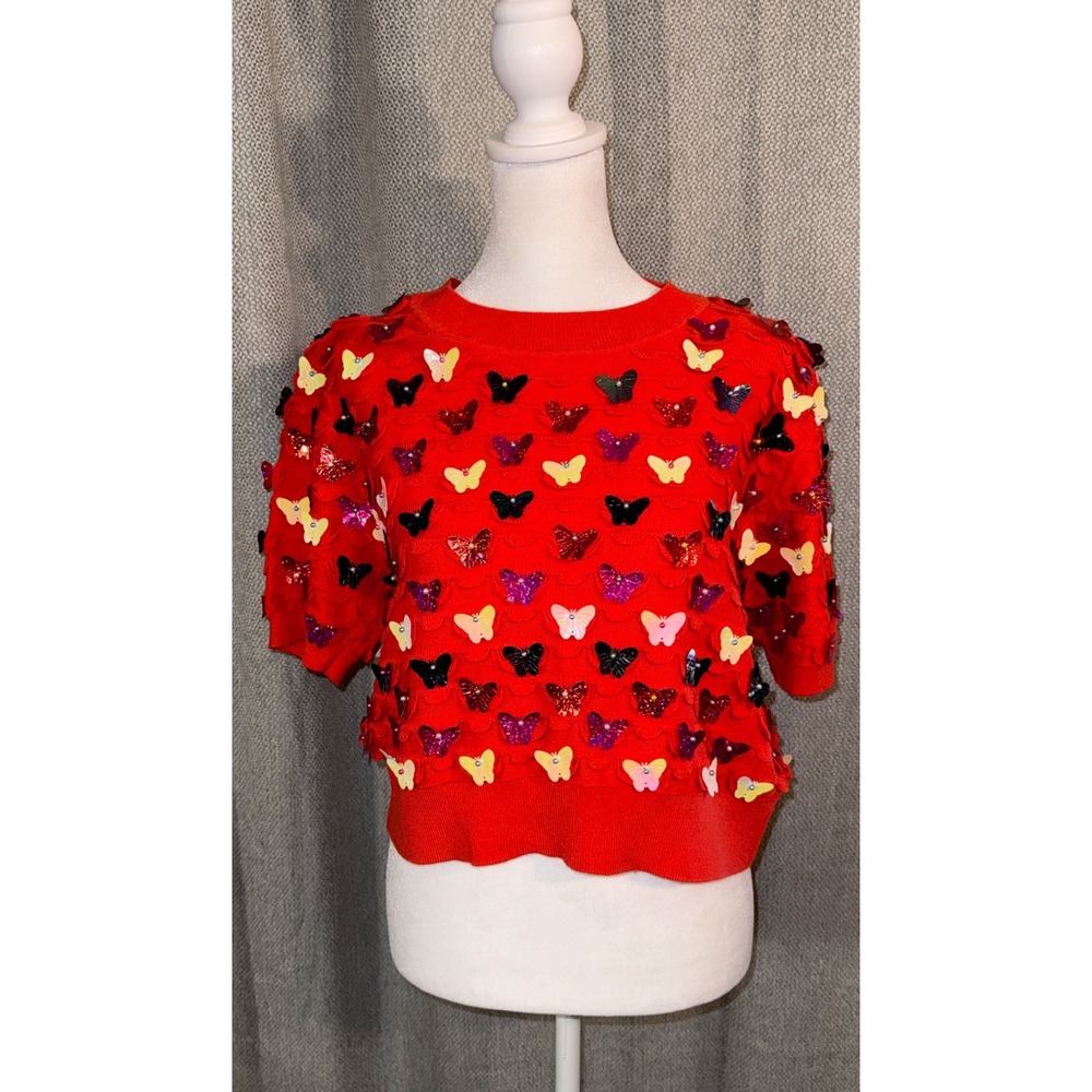 Queen Of Sparkles Sequin Butterfly Top Women's Size Small Multicolor Crop Party